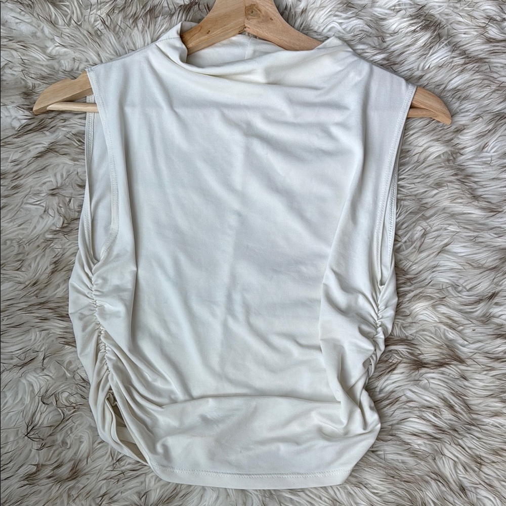 Boutique High- Neck Cream Sleeveless Top with Side Ruching
